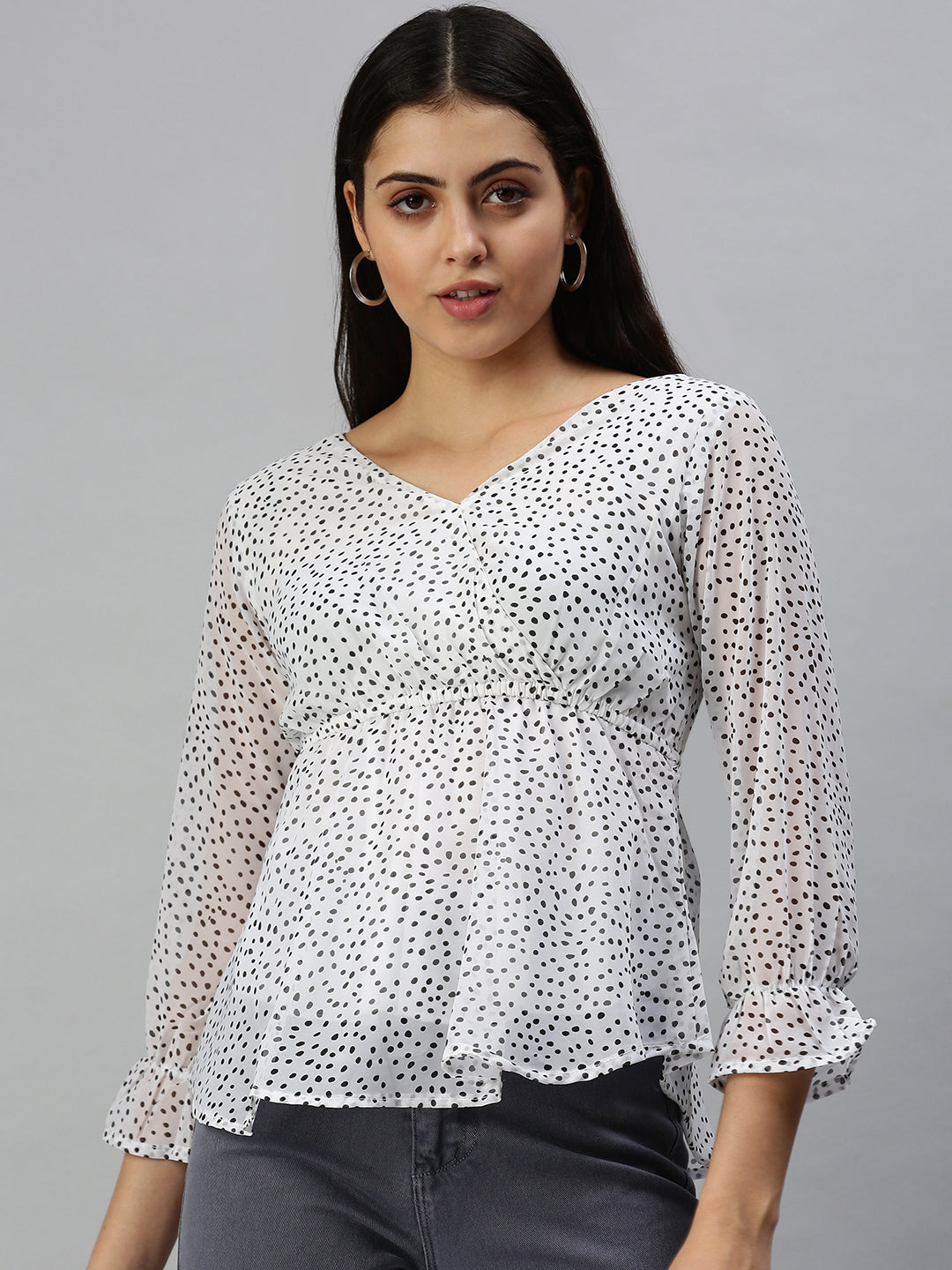 Women's Long White Polka Dots Top