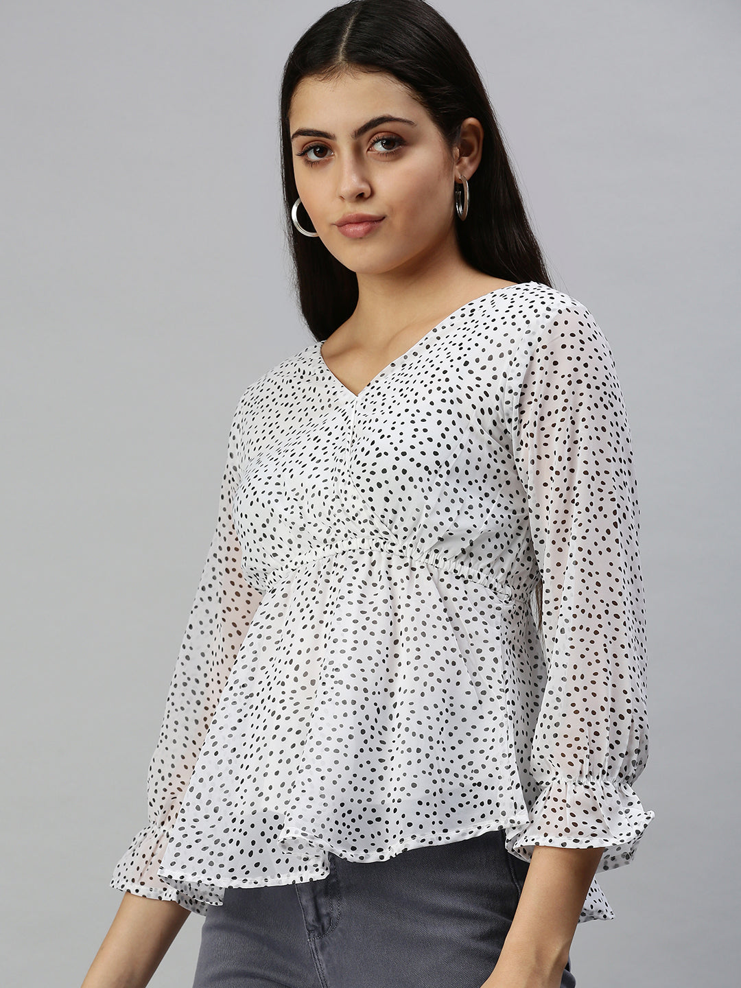 Women's Long White Polka Dots Top