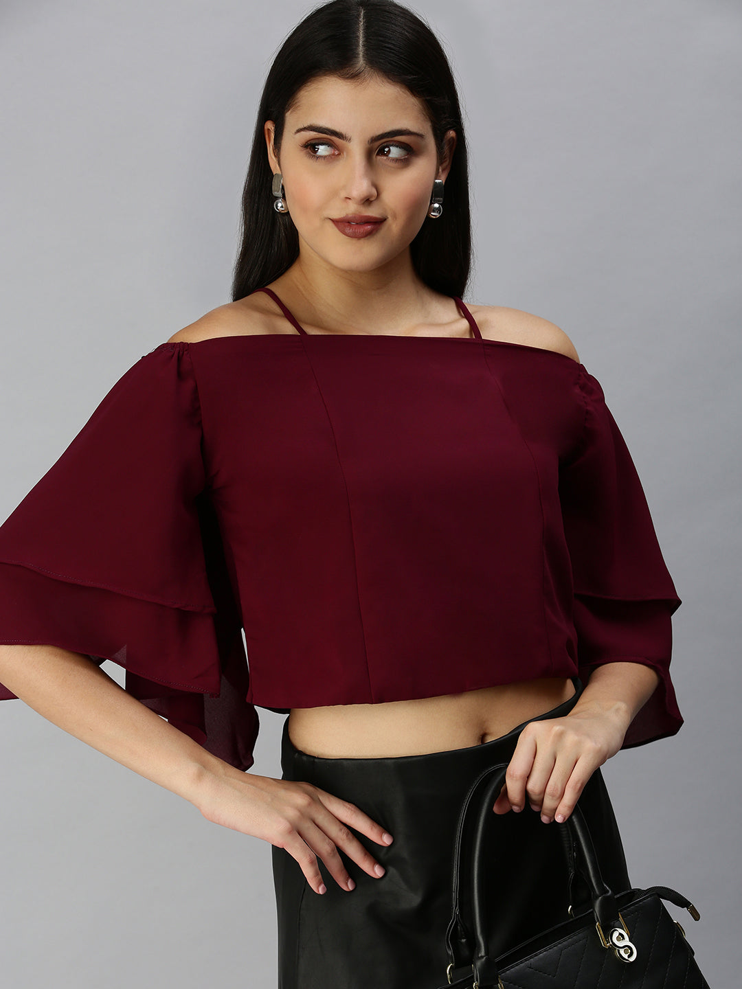 Women Magenta Solid Bardot Top