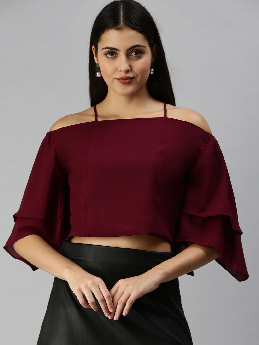 Women Magenta Solid Bardot Top