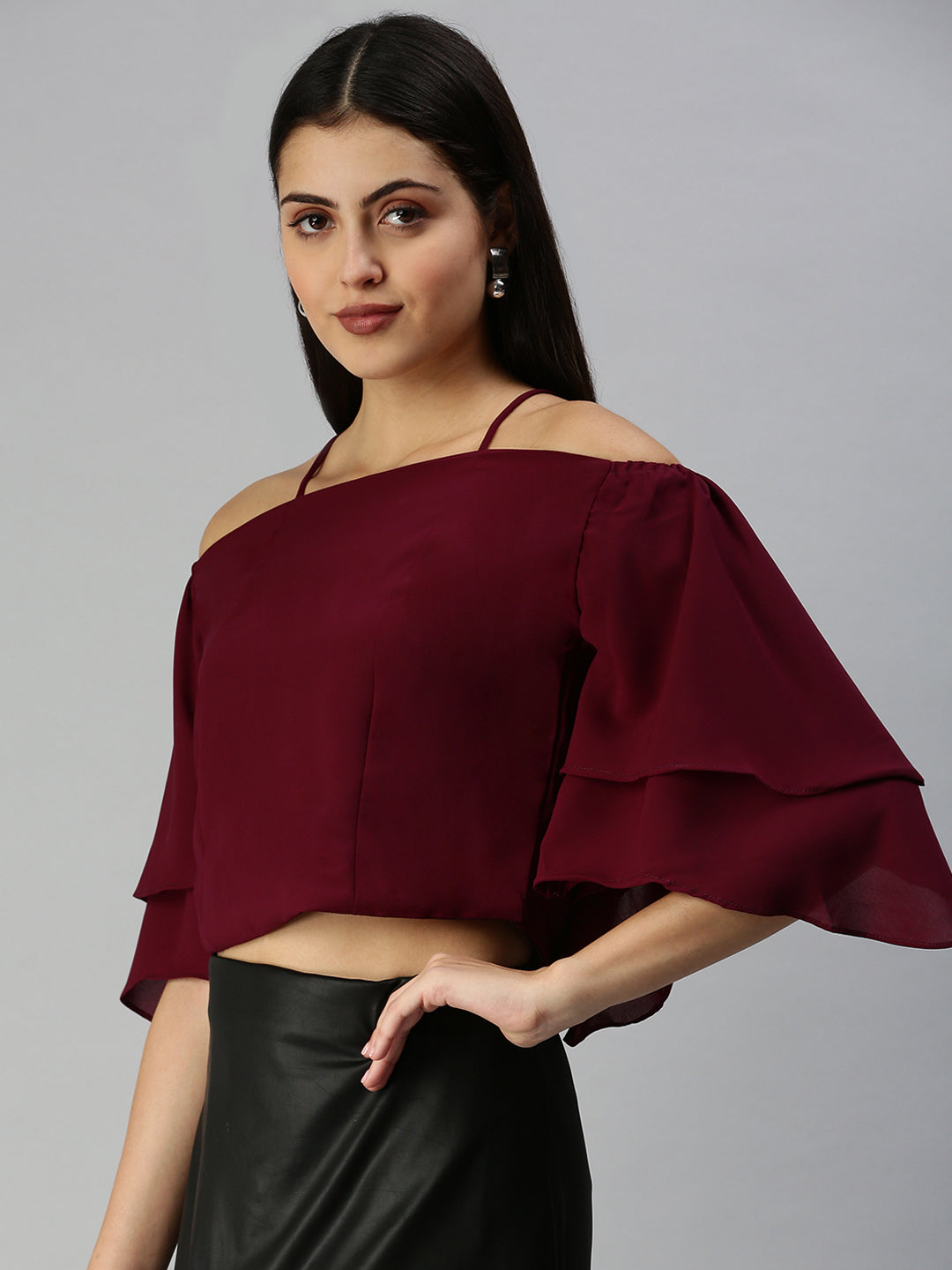 Women Magenta Solid Bardot Top