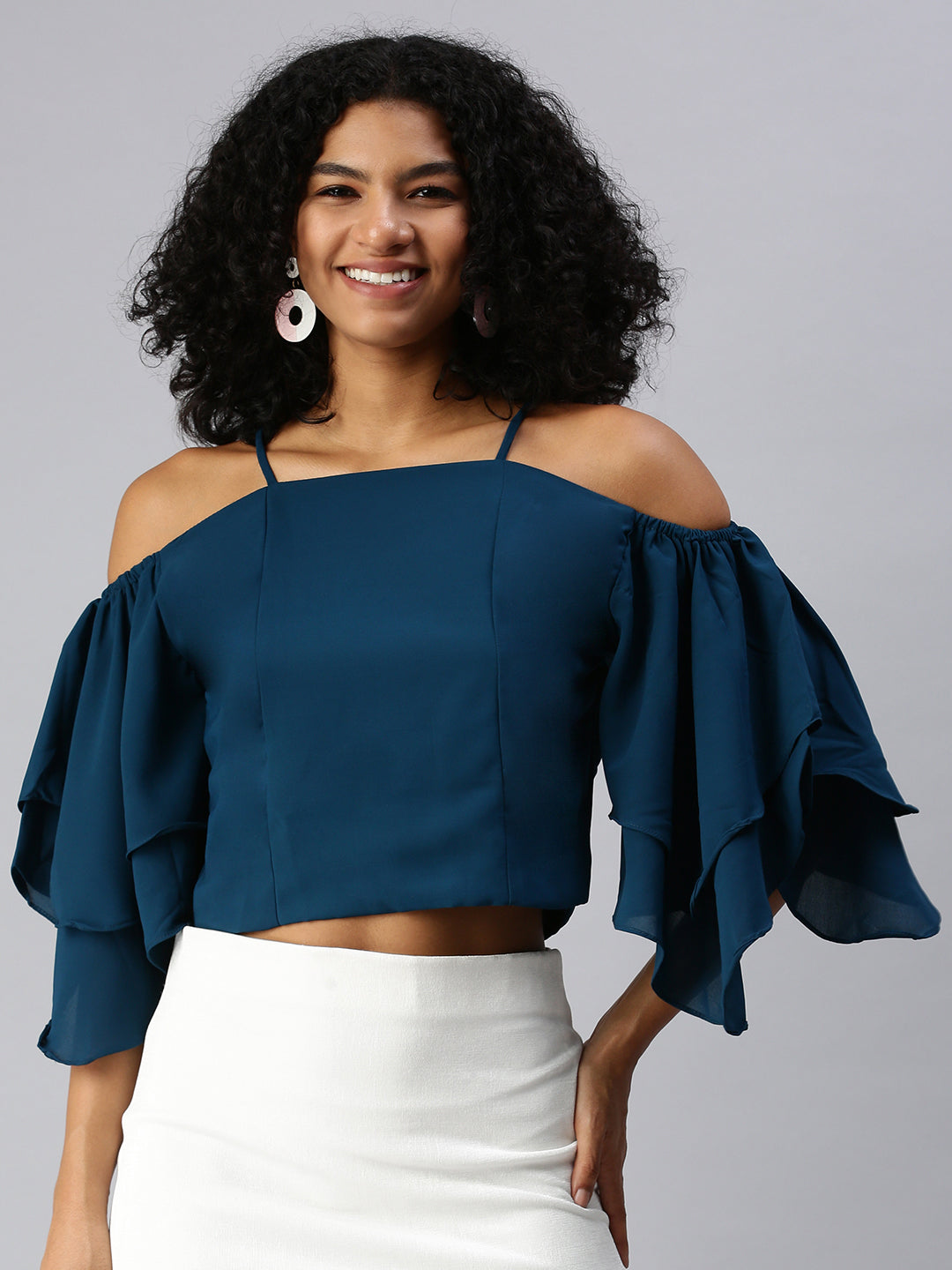 Women Teal Solid Bardot Top