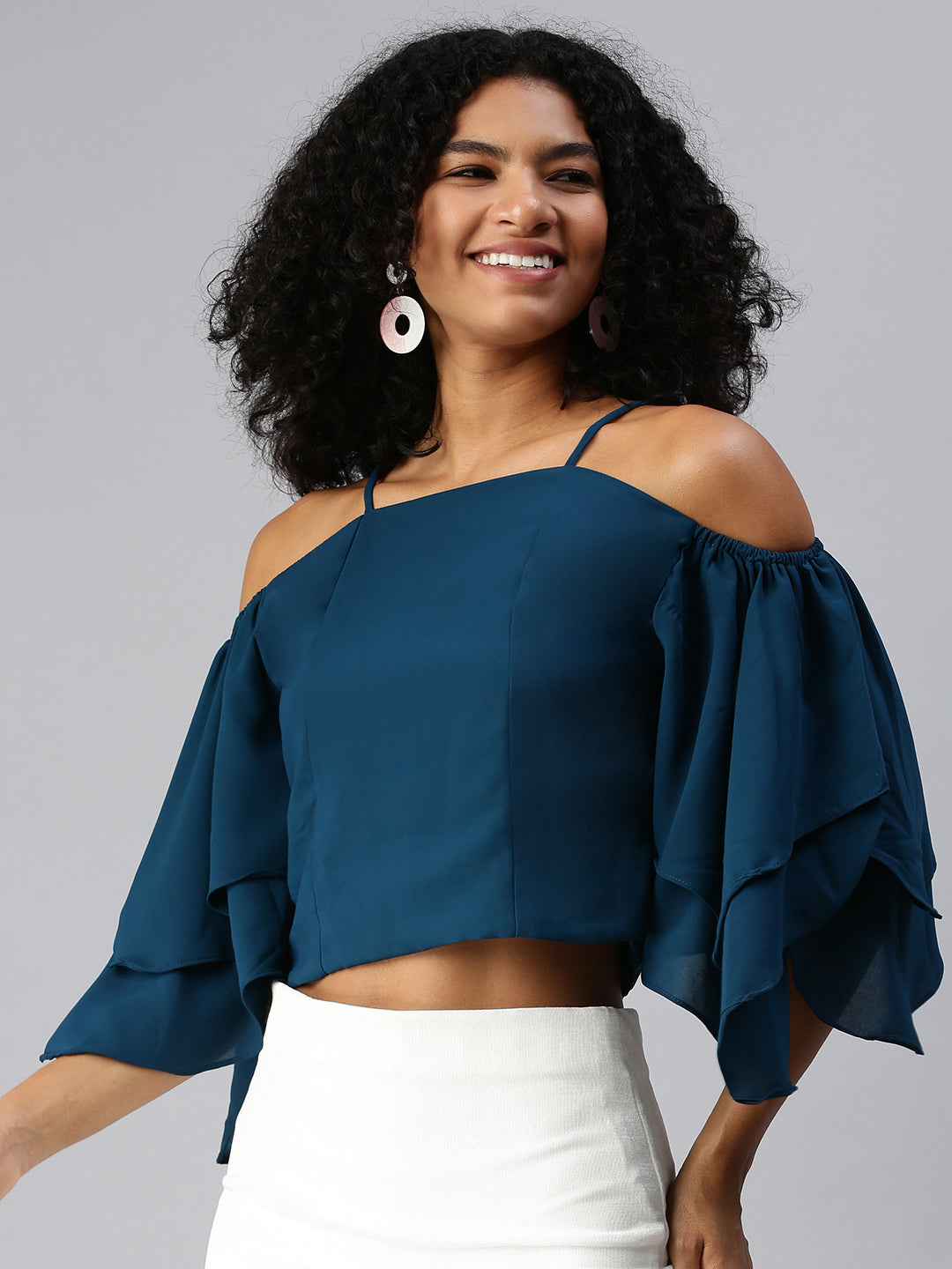 Women Teal Solid Bardot Top