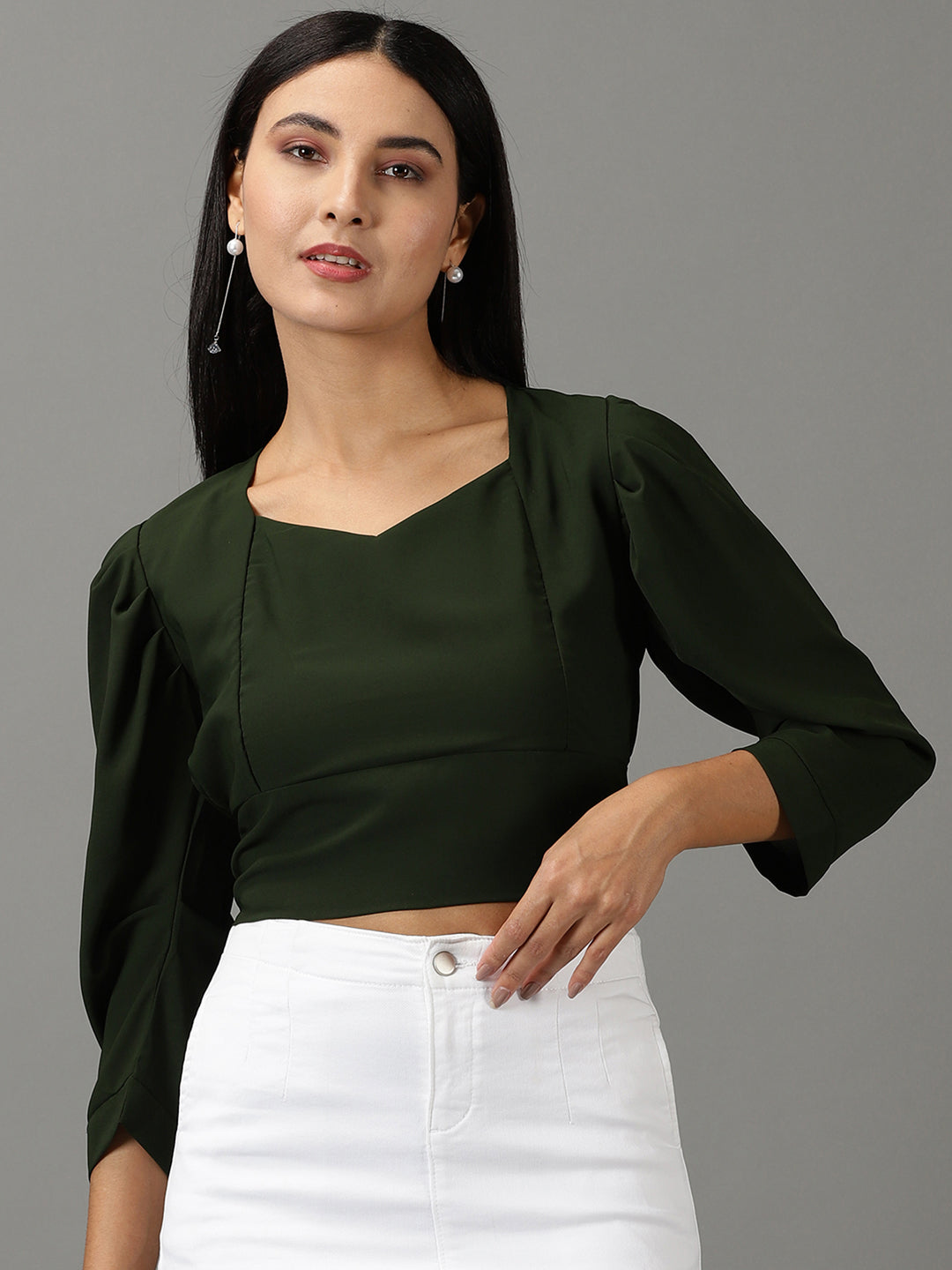 Women's Olive Solid Cinched Waist Crop Top