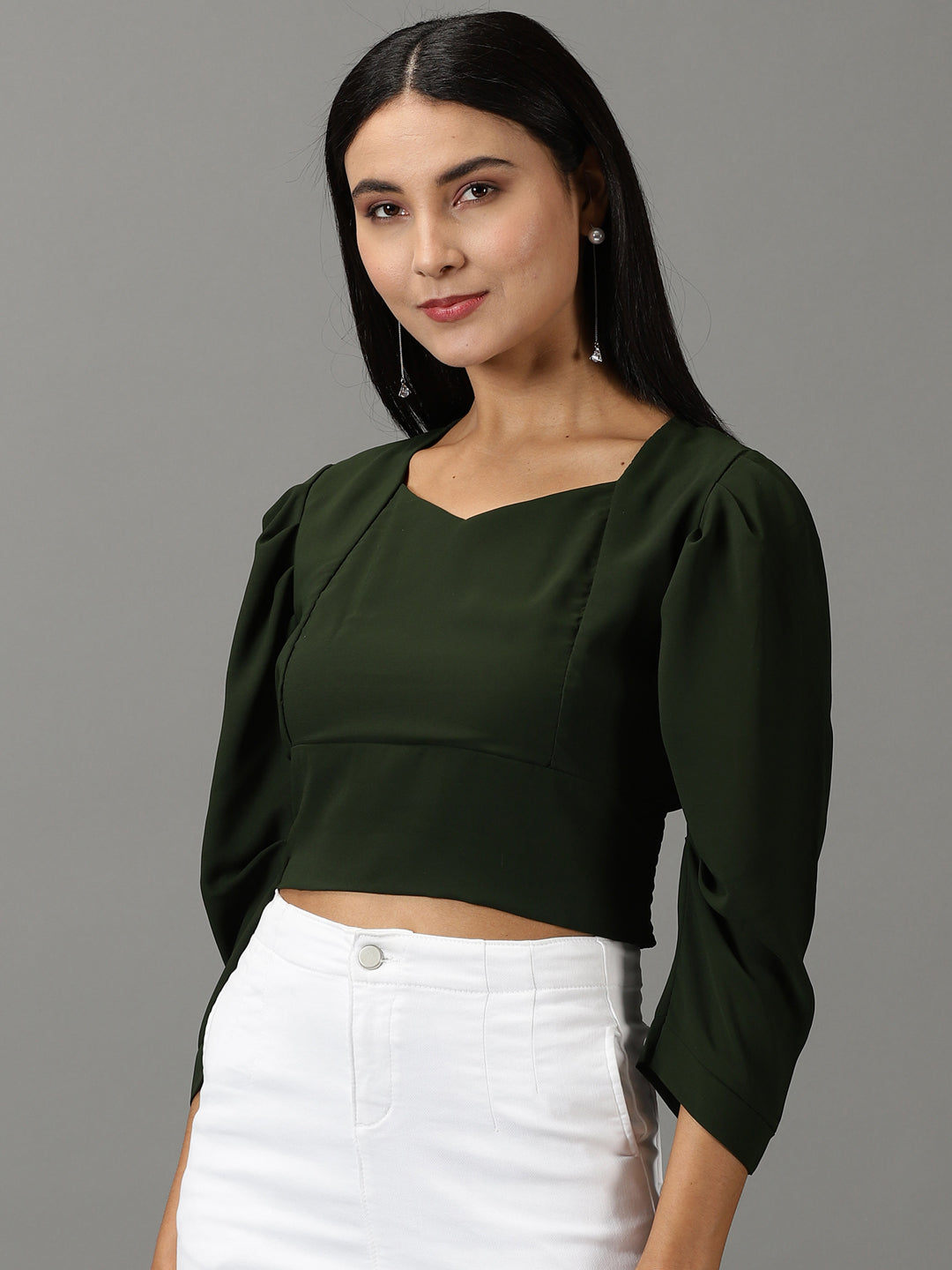 Women's Olive Solid Cinched Waist Crop Top