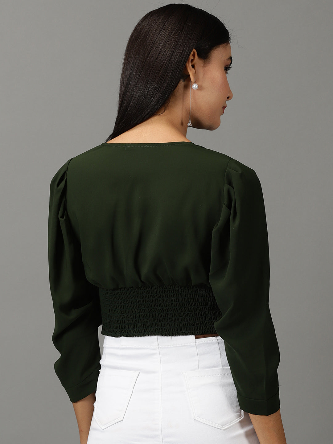 Women's Olive Solid Cinched Waist Crop Top