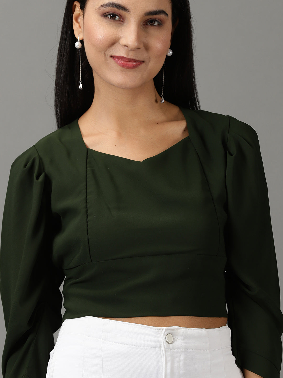 Women's Olive Solid Cinched Waist Crop Top