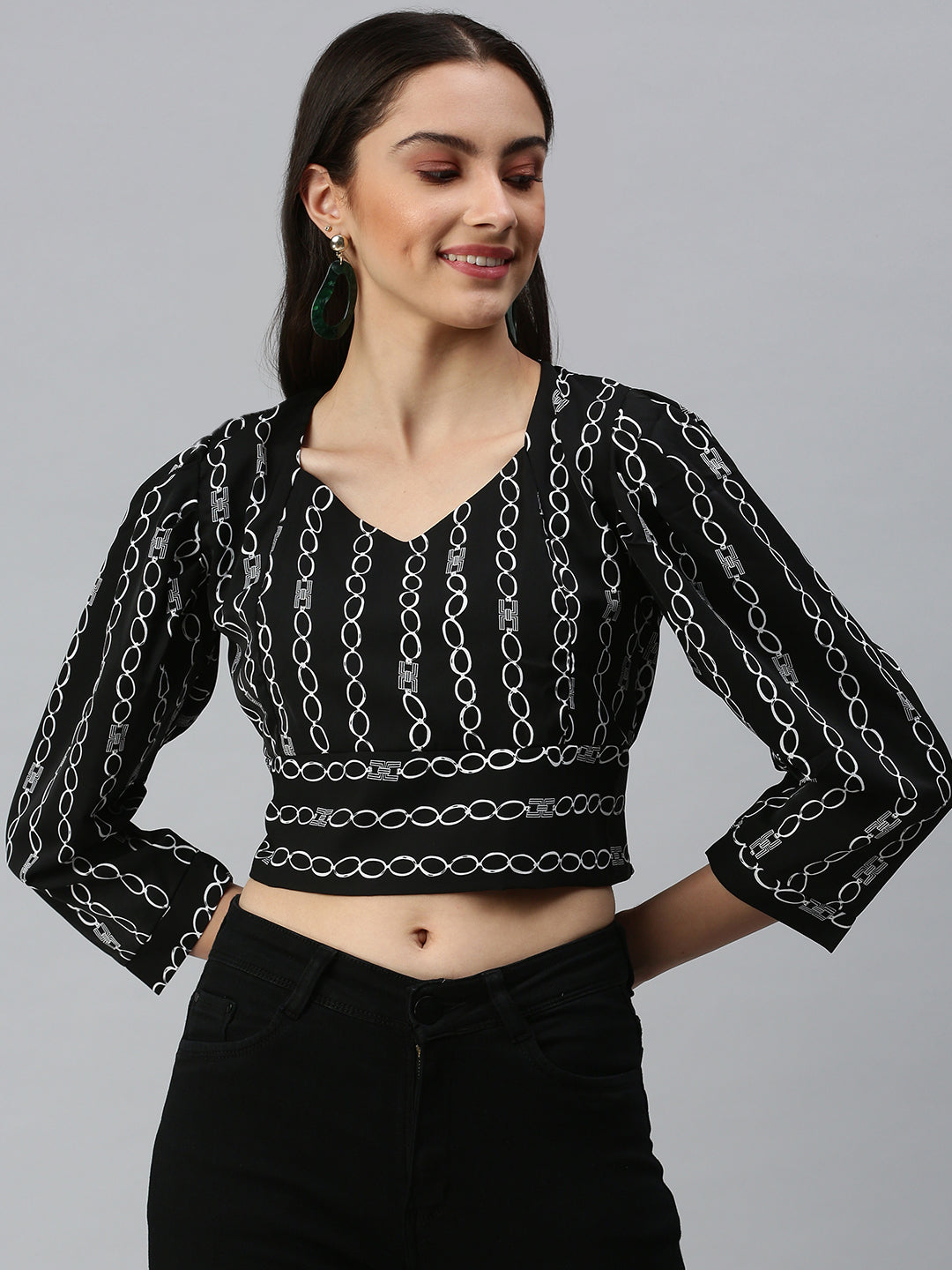 Women's Black Printed Crop Corset Top
