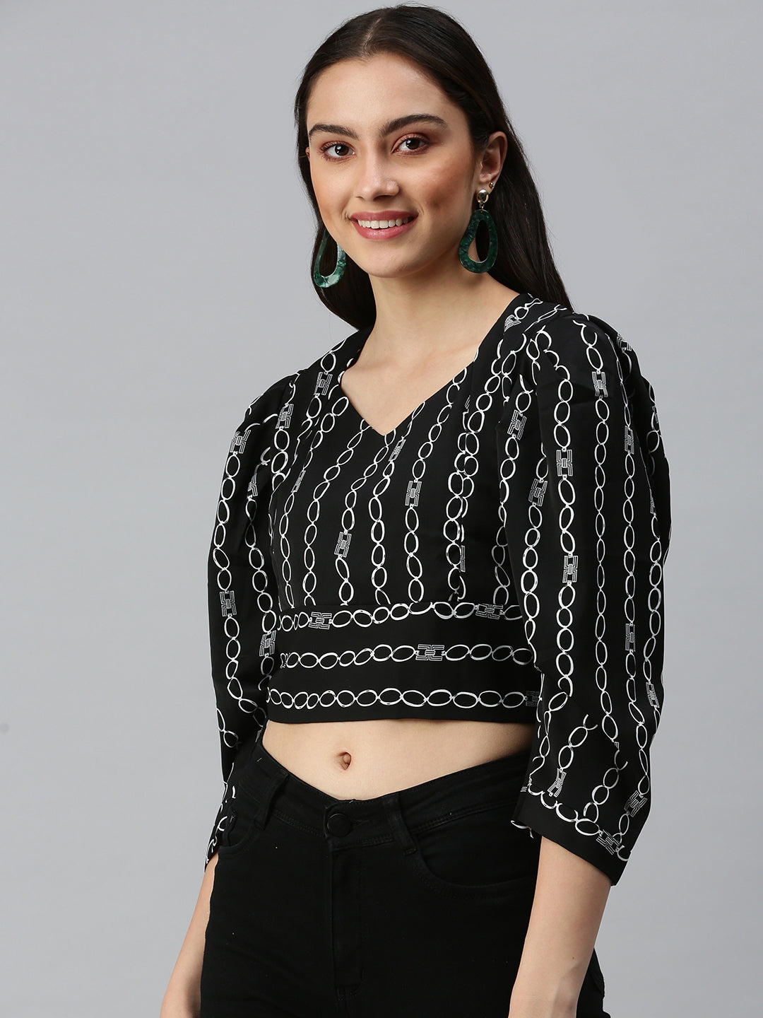 Women's Black Printed Crop Corset Top