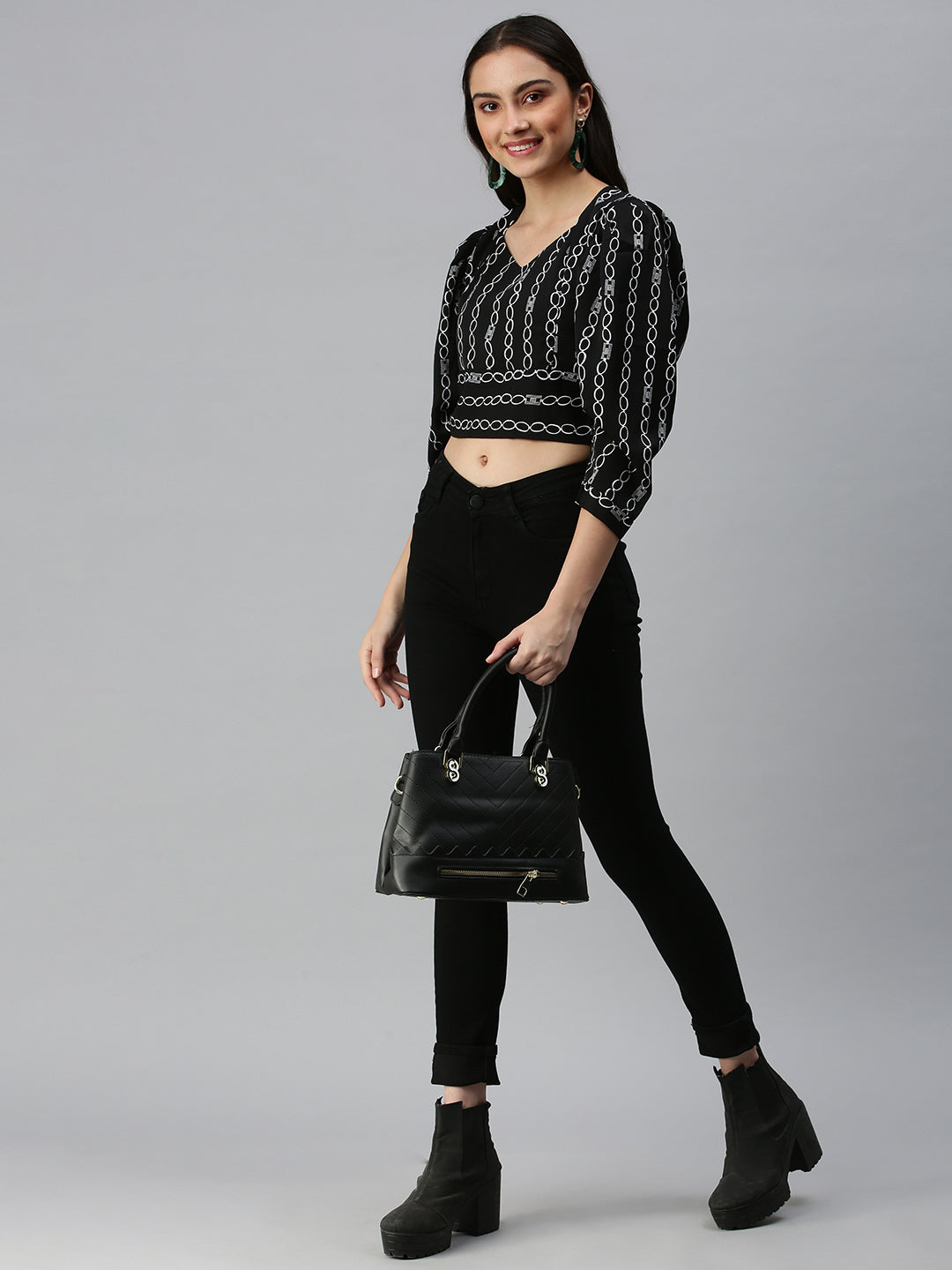 Women's Black Printed Crop Corset Top