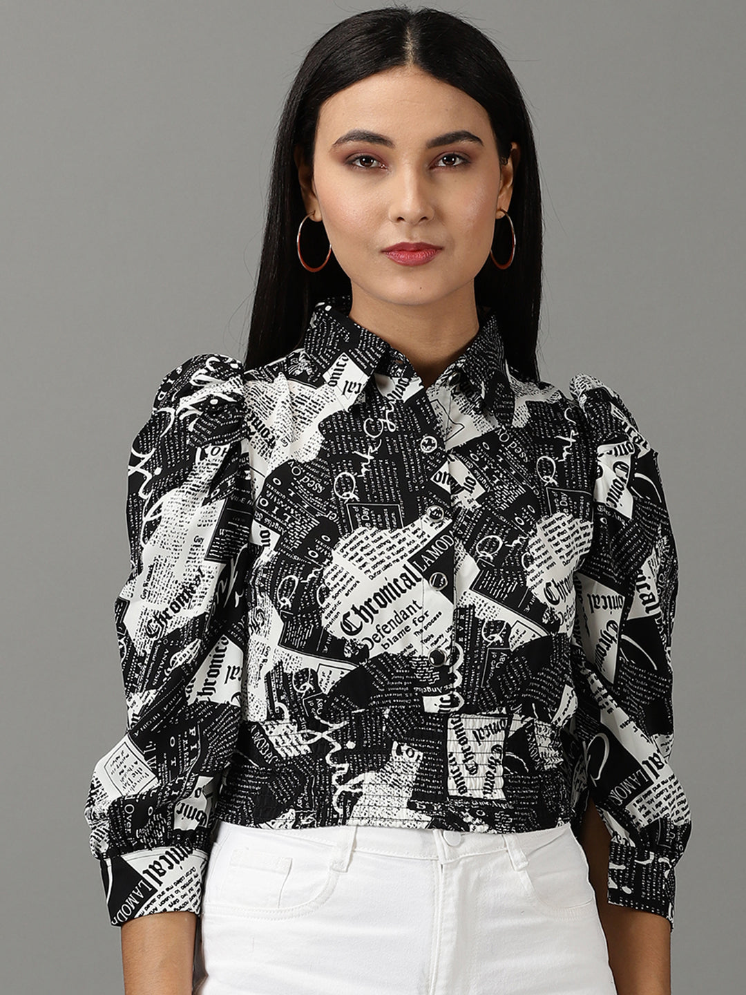 Women's Black Printed Shirt Style Crop Top