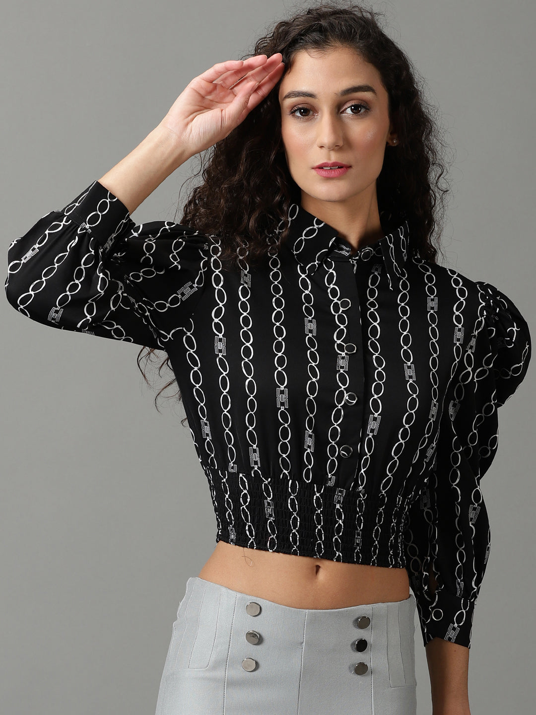 Women's Black Printed Shirt Style Crop Top