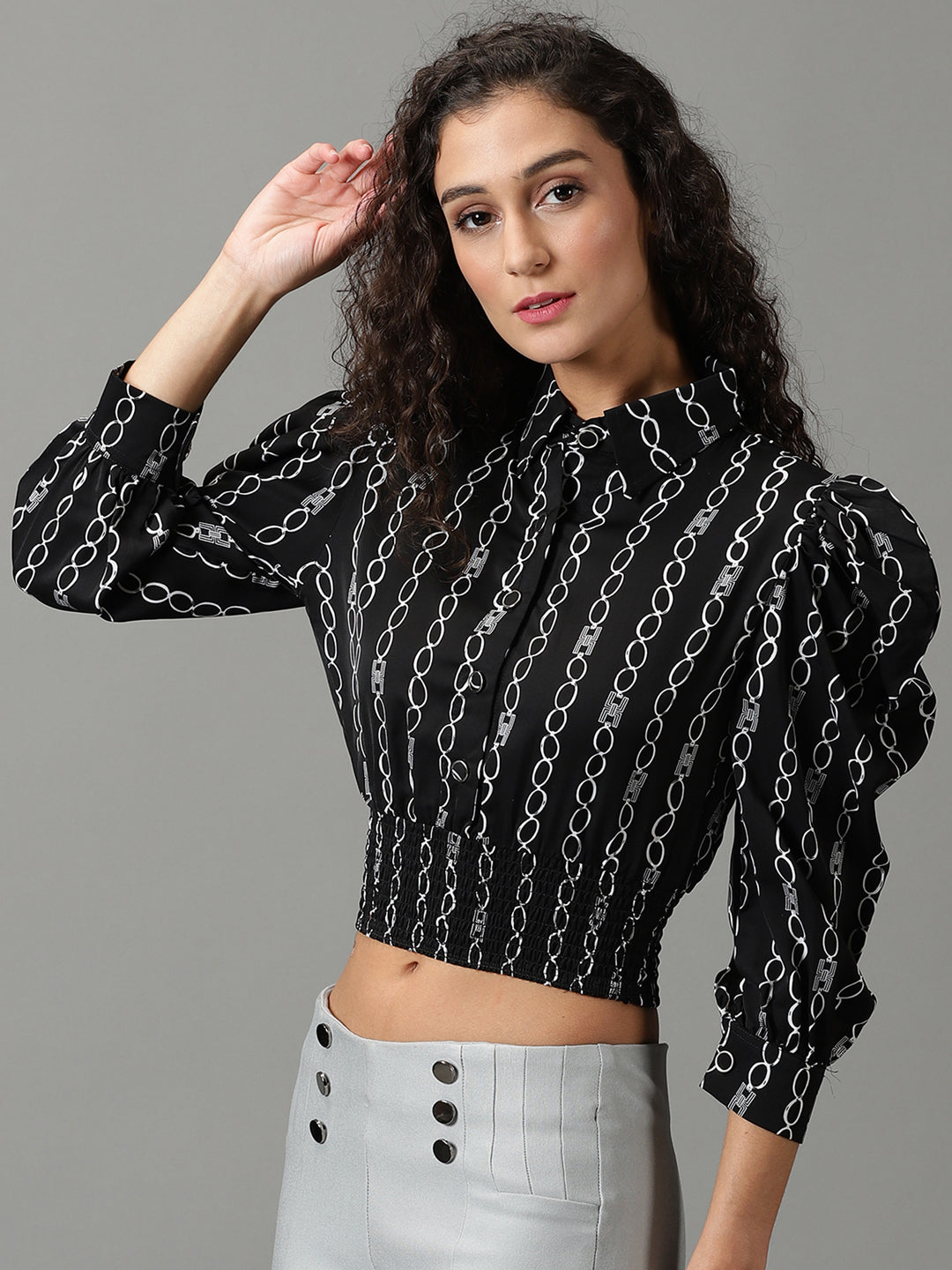 Women's Black Printed Shirt Style Crop Top