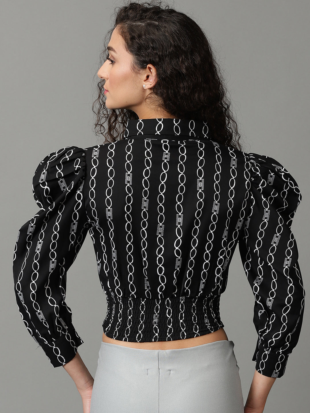 Women's Black Printed Shirt Style Crop Top