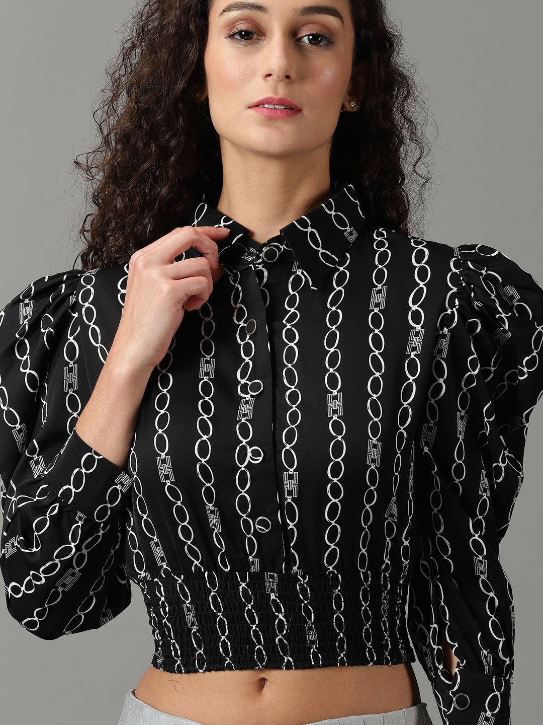 Women's Black Printed Shirt Style Crop Top