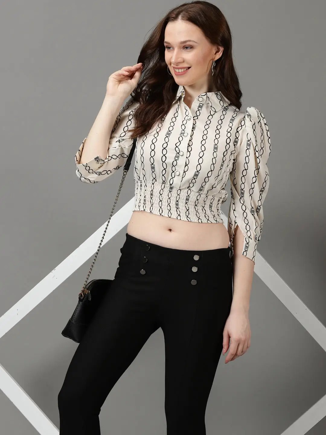 Women's Off White Printed Shirt Style Crop Top