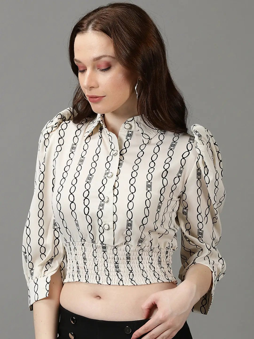 Women's Off White Printed Shirt Style Crop Top