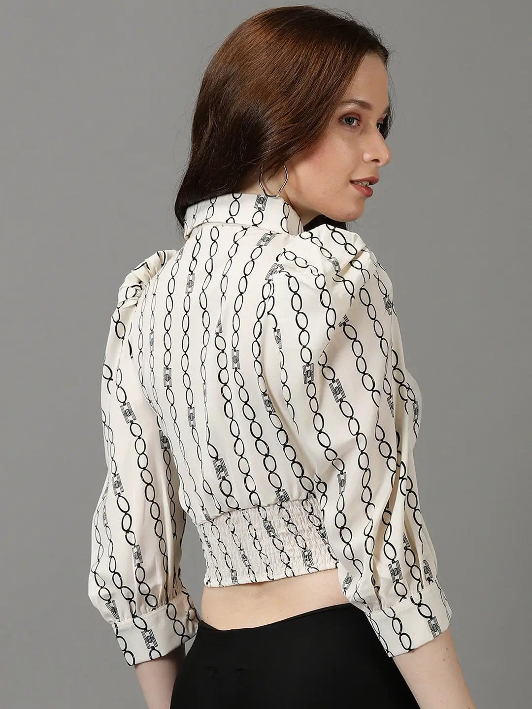 Women's Off White Printed Shirt Style Crop Top