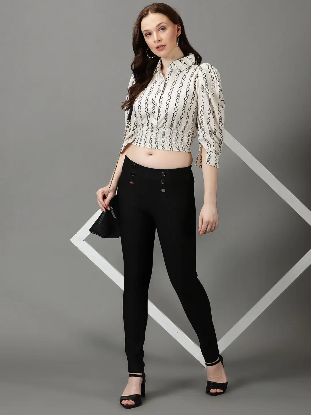 Women's Off White Printed Shirt Style Crop Top