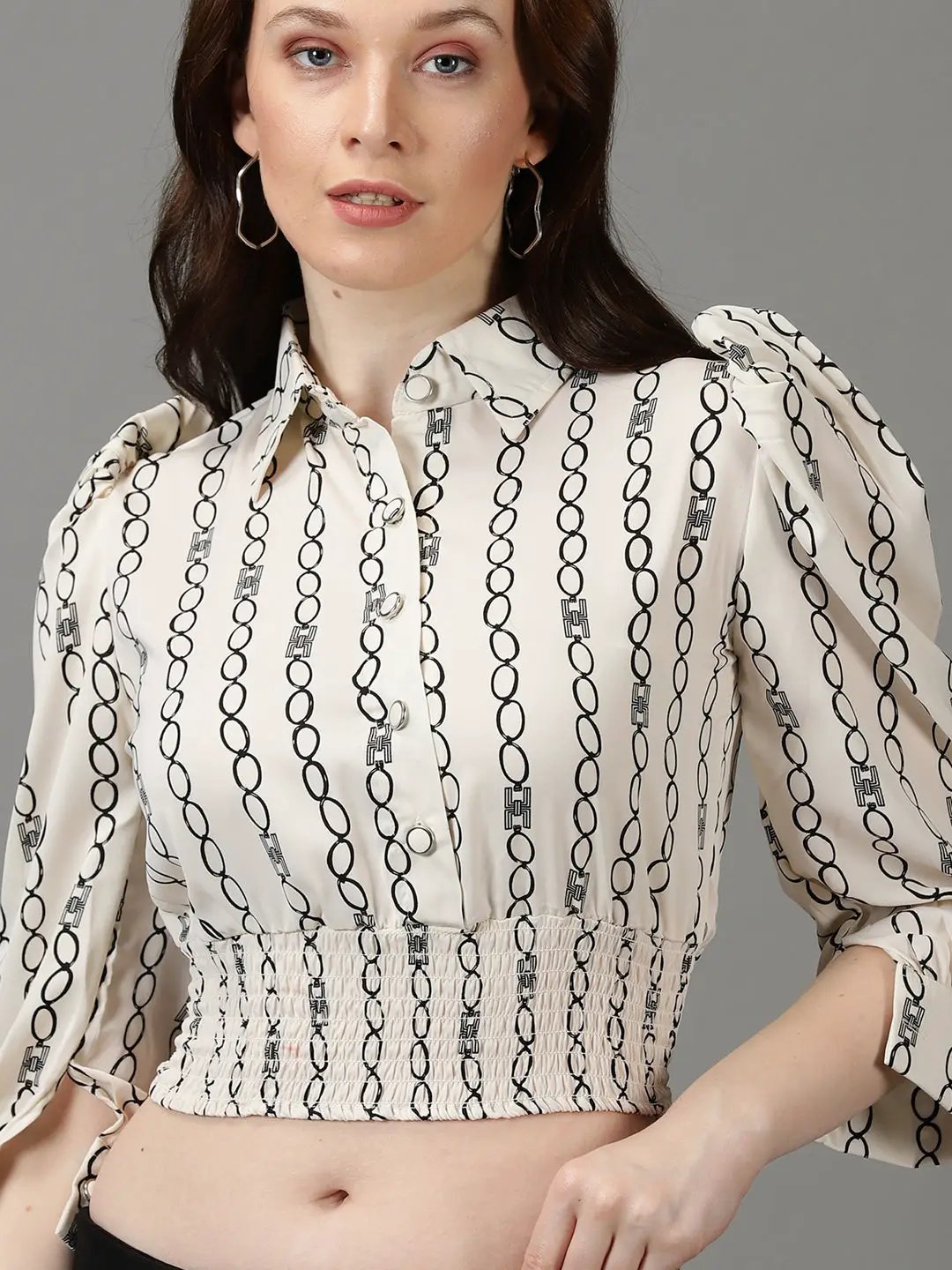Women's Off White Printed Shirt Style Crop Top