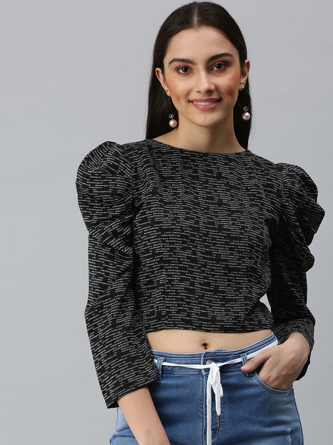 Women Black Printed Crop Fitted Top