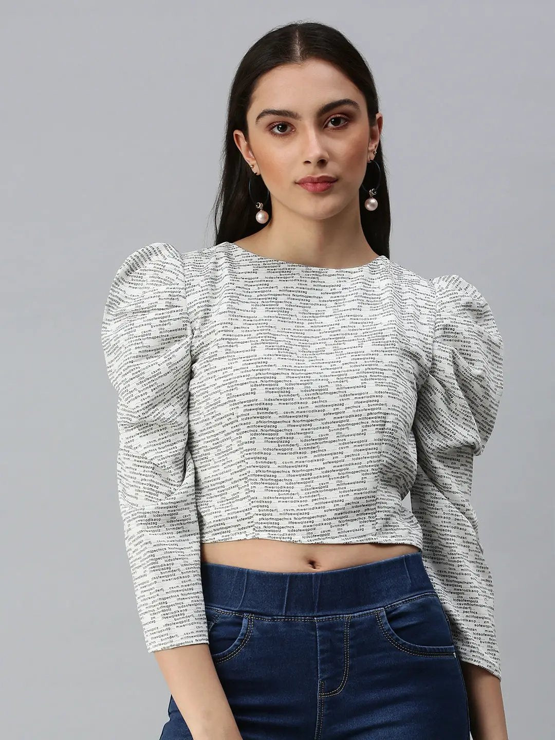 Women's White Printed Crop Fitted Top