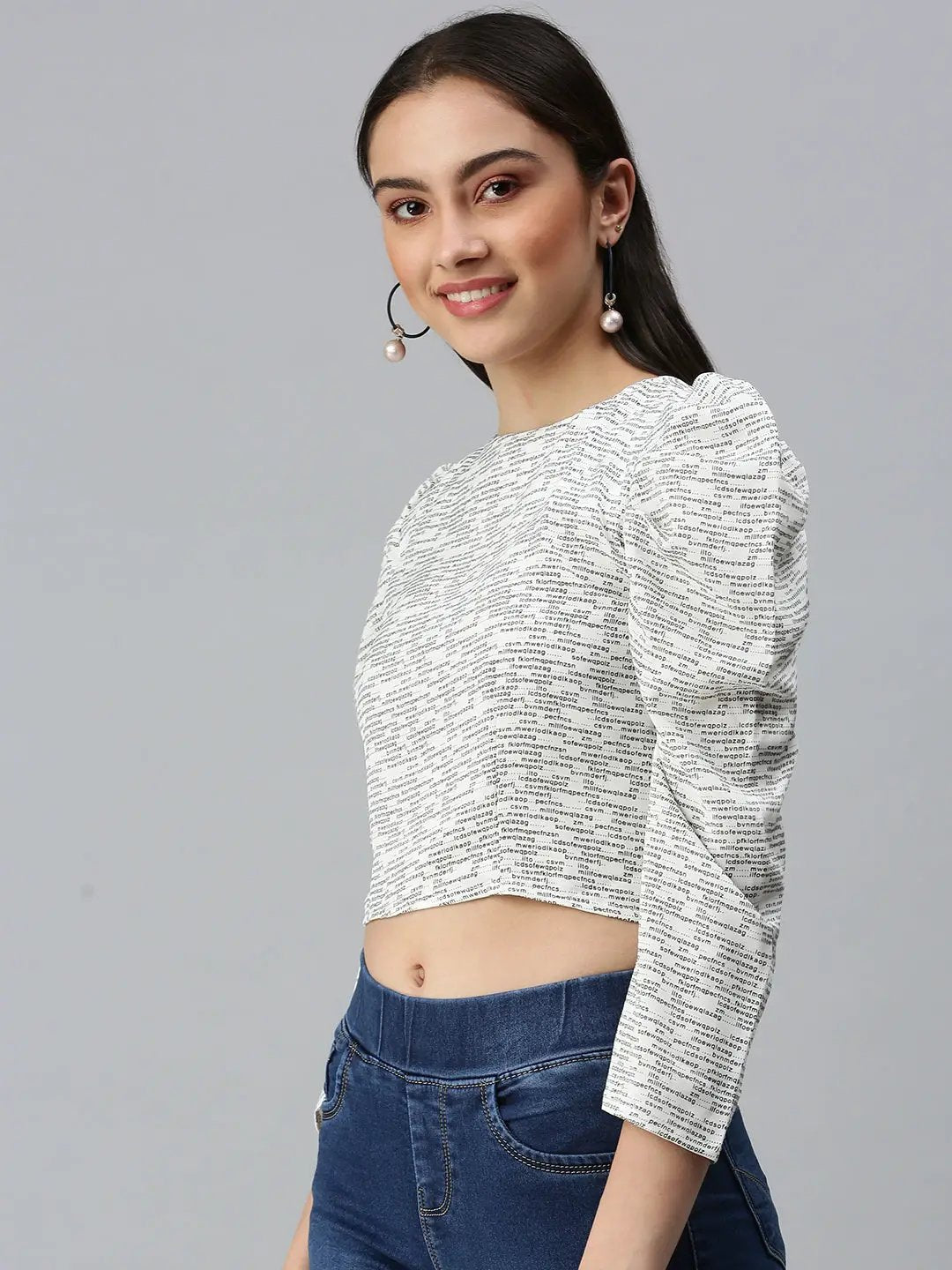 Women's White Printed Crop Fitted Top