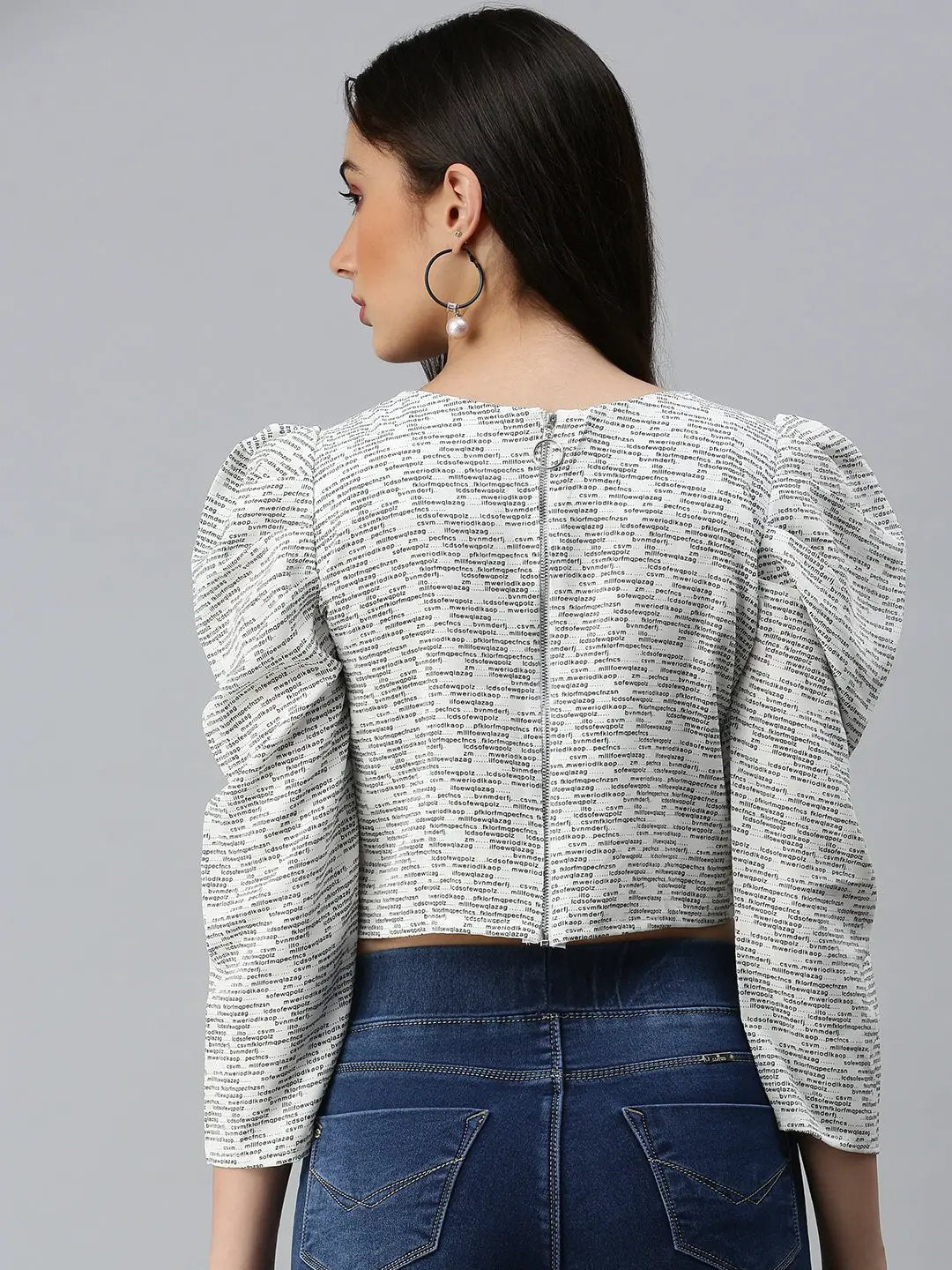 Women's White Printed Crop Fitted Top