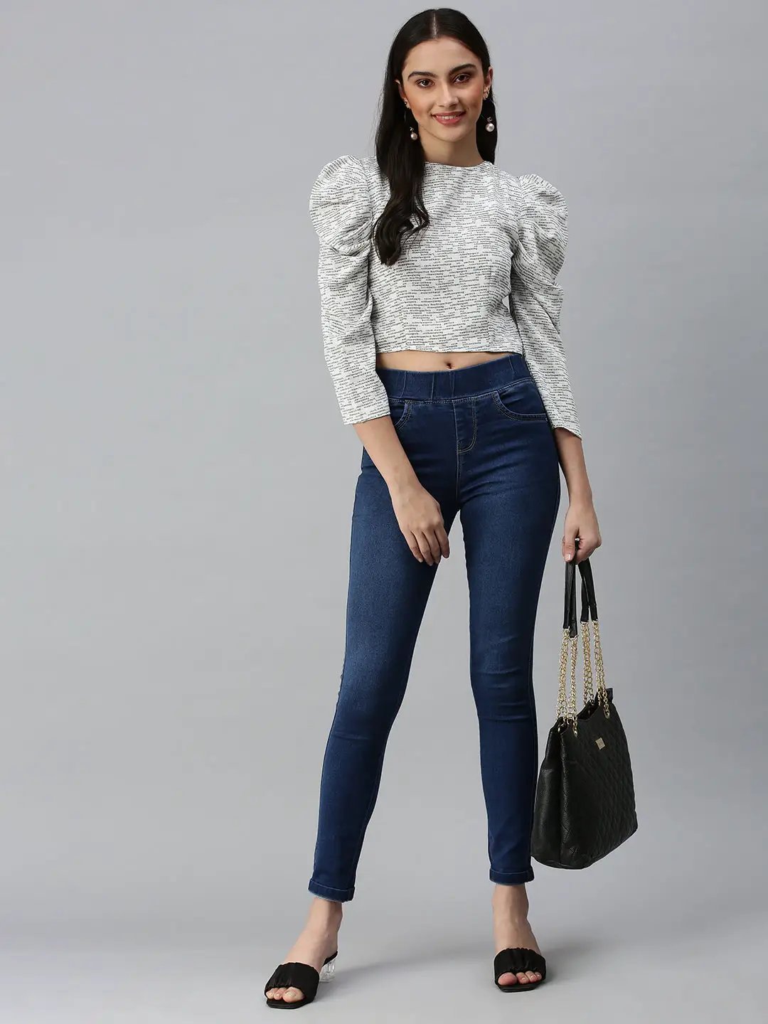 Women's White Printed Crop Fitted Top