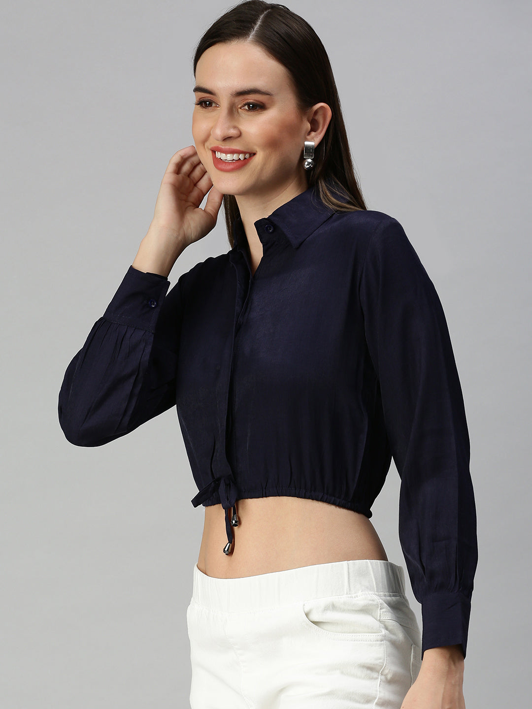 Women's Navy Blue Shirt Style Crop Top