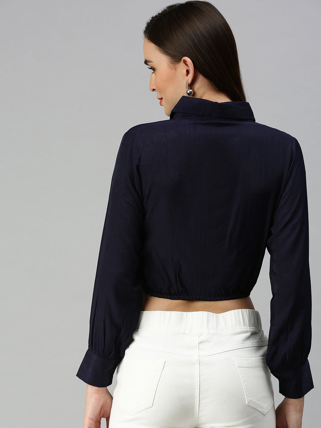 Women's Navy Blue Shirt Style Crop Top