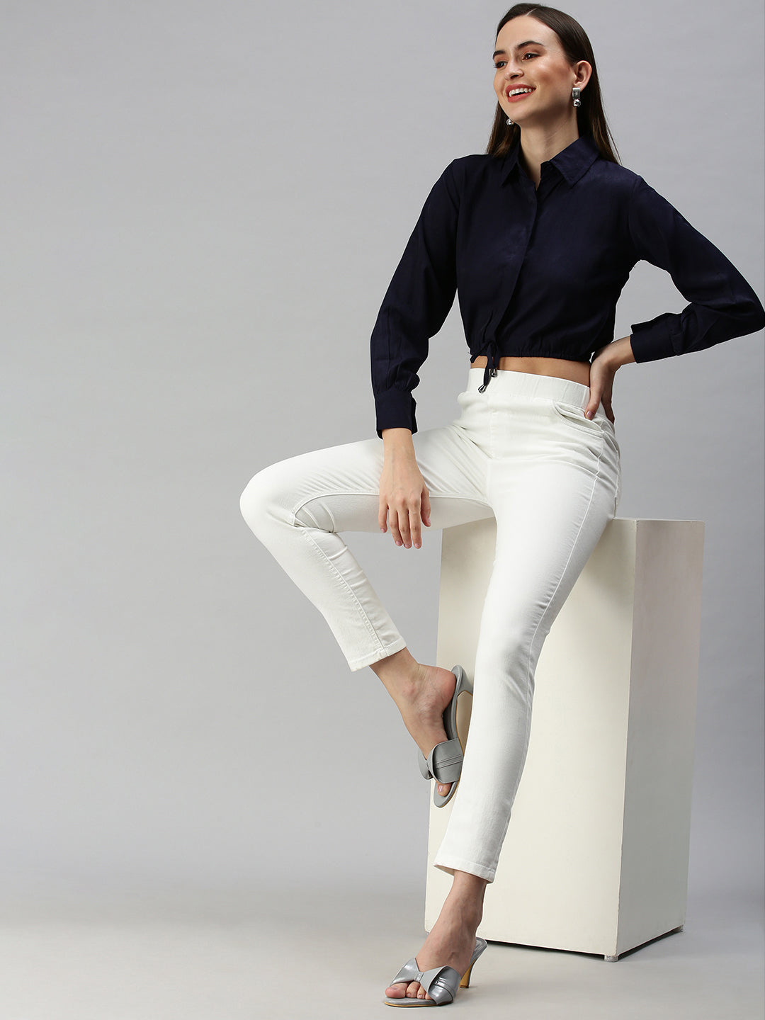 Women's Navy Blue Shirt Style Crop Top