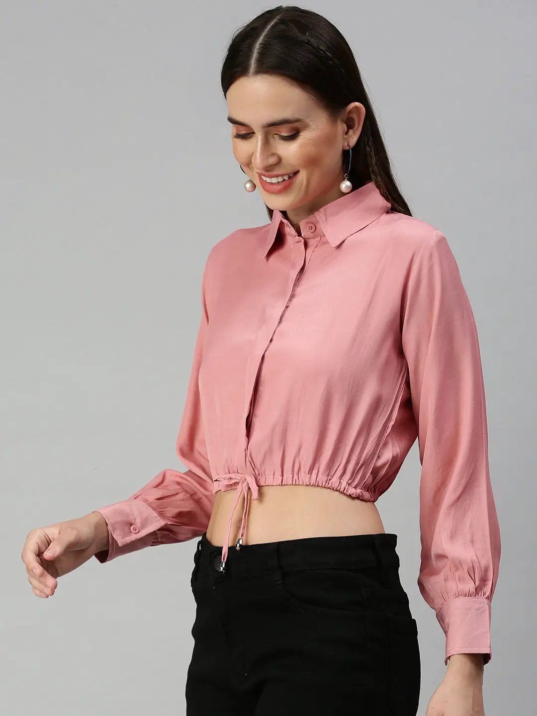 Women's Pink Solid Shirt Style Crop Top - from SHOWOFFFF