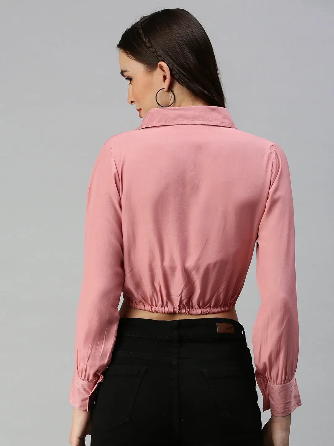 Women's Pink Solid Shirt Style Crop Top - from SHOWOFFFF