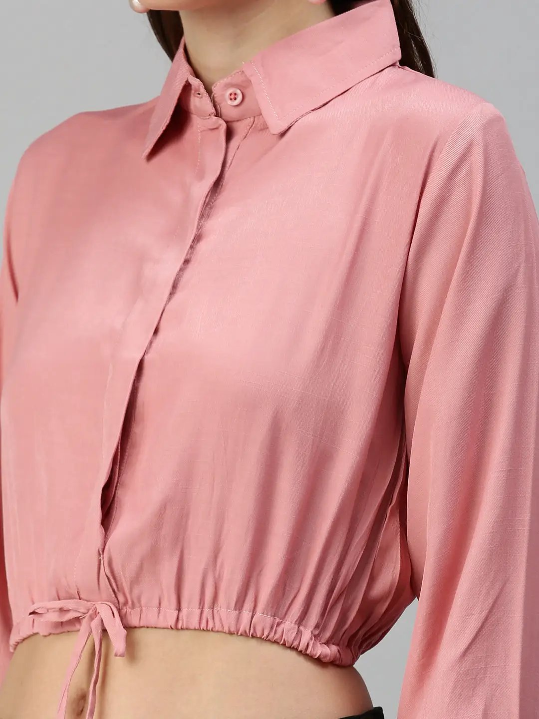 Women's Pink Solid Shirt Style Crop Top - from SHOWOFFFF
