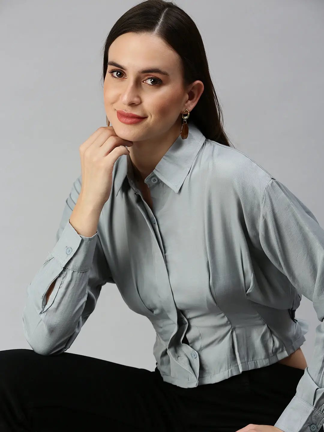 Women's Grey Extended Sleeves Shirt Style Top