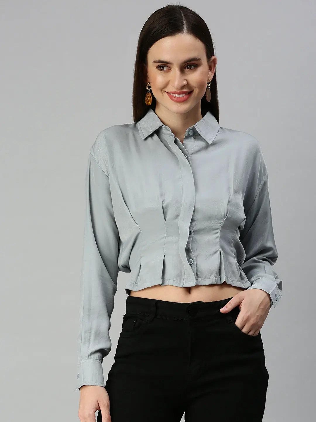 Women's Grey Extended Sleeves Shirt Style Top