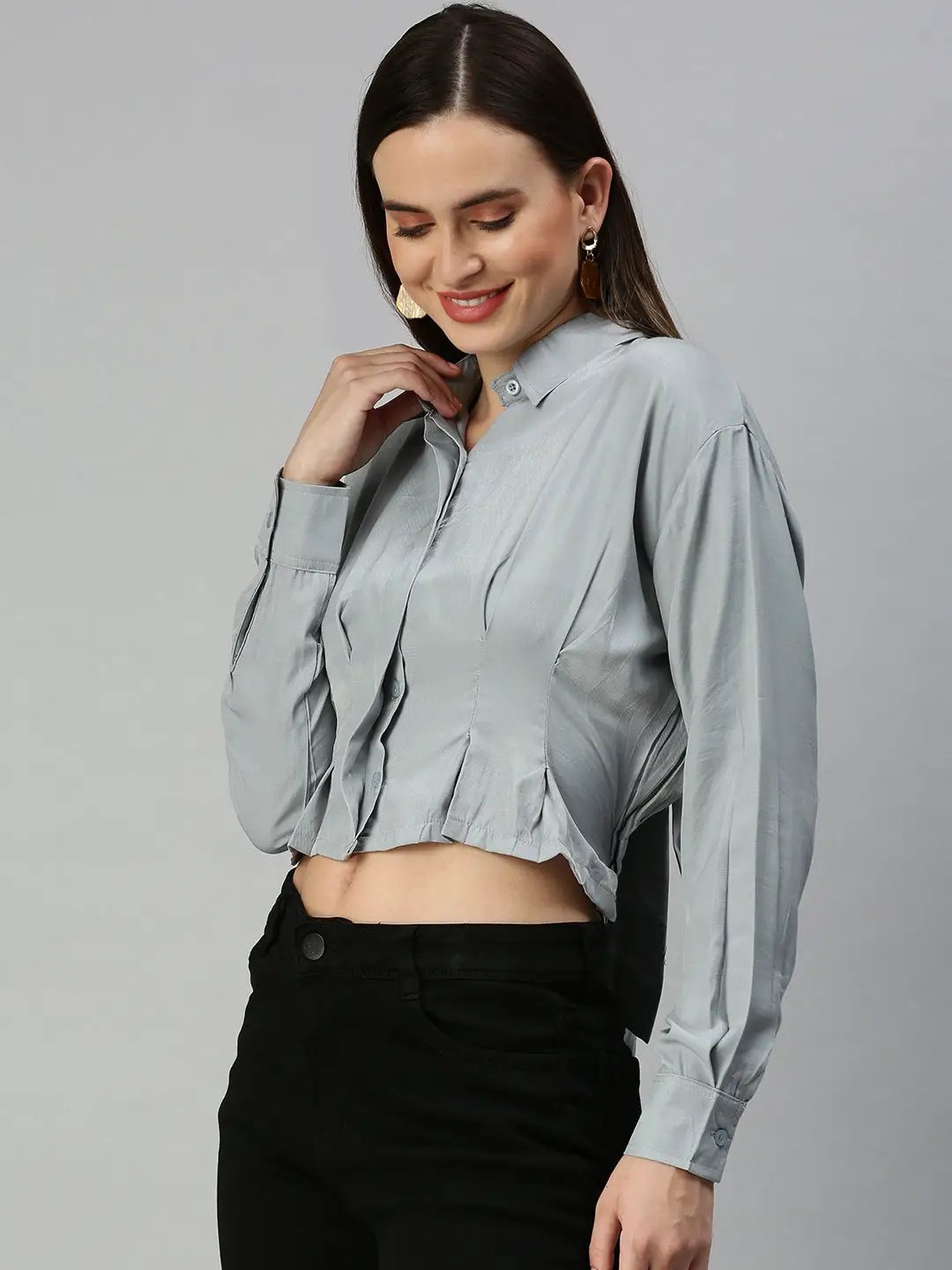 Women's Grey Extended Sleeves Shirt Style Top