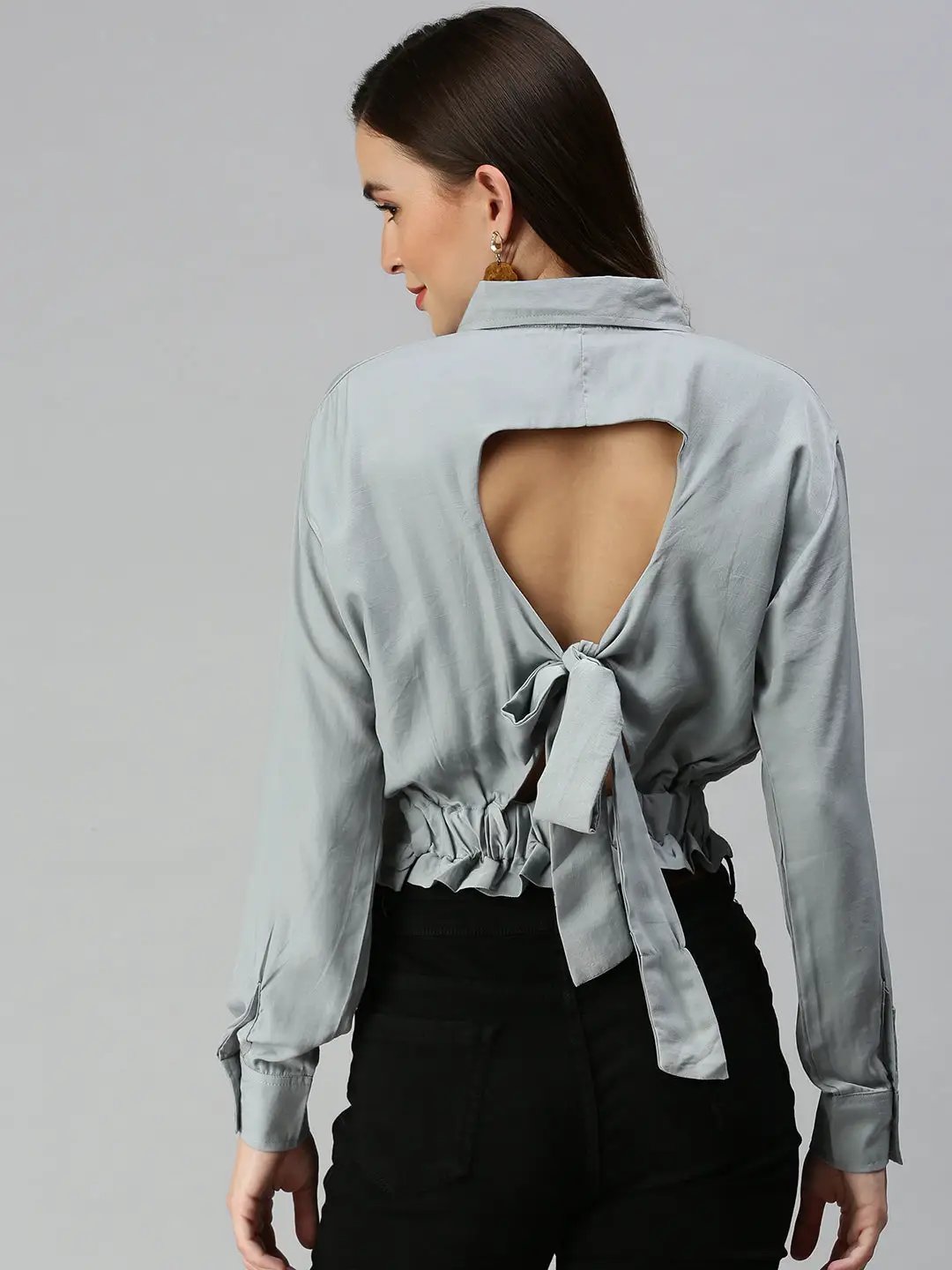 Women's Grey Extended Sleeves Shirt Style Top