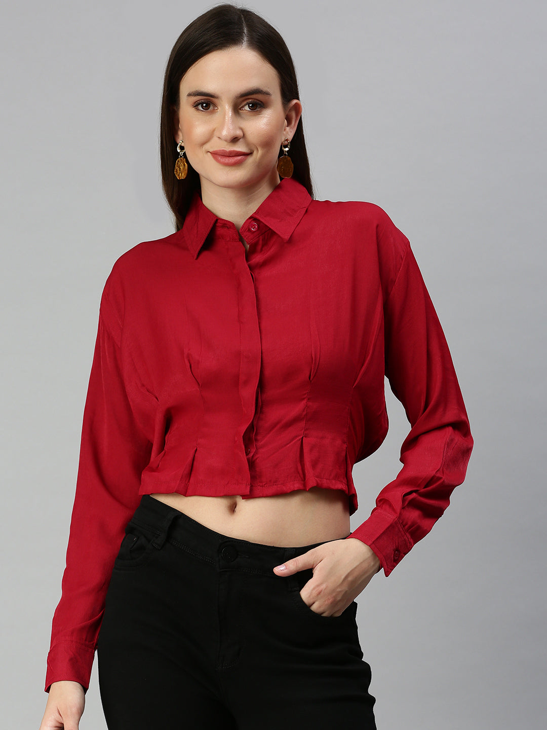 Women's Red Shirt Style Crop Top