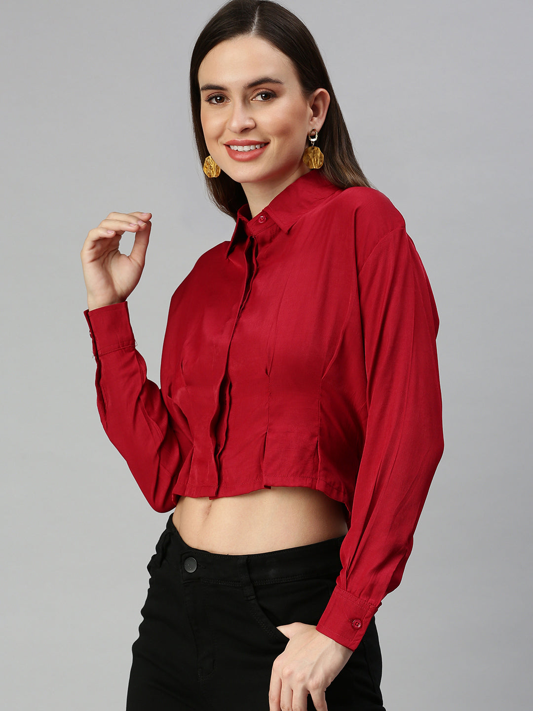 Women's Red Shirt Style Crop Top