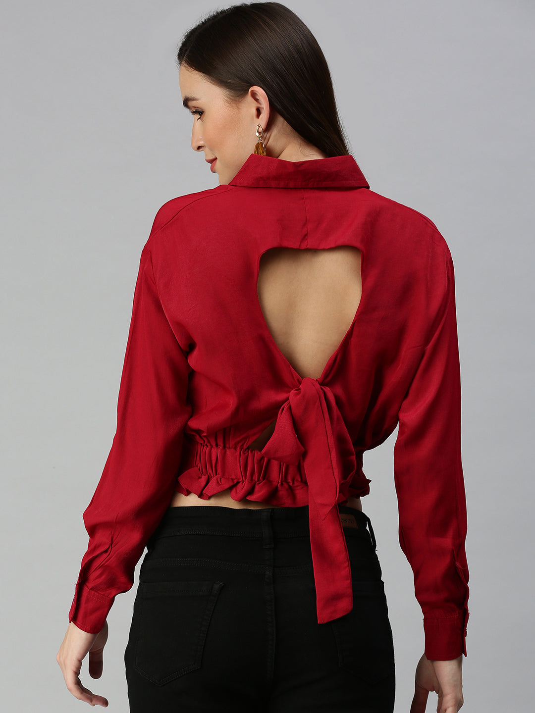 Women's Red Shirt Style Crop Top