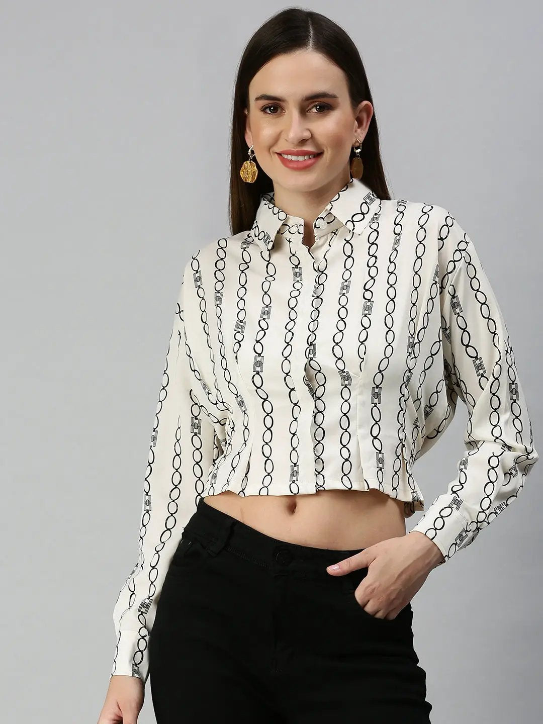 Women's White Print Crepe Styled Back Crop Top