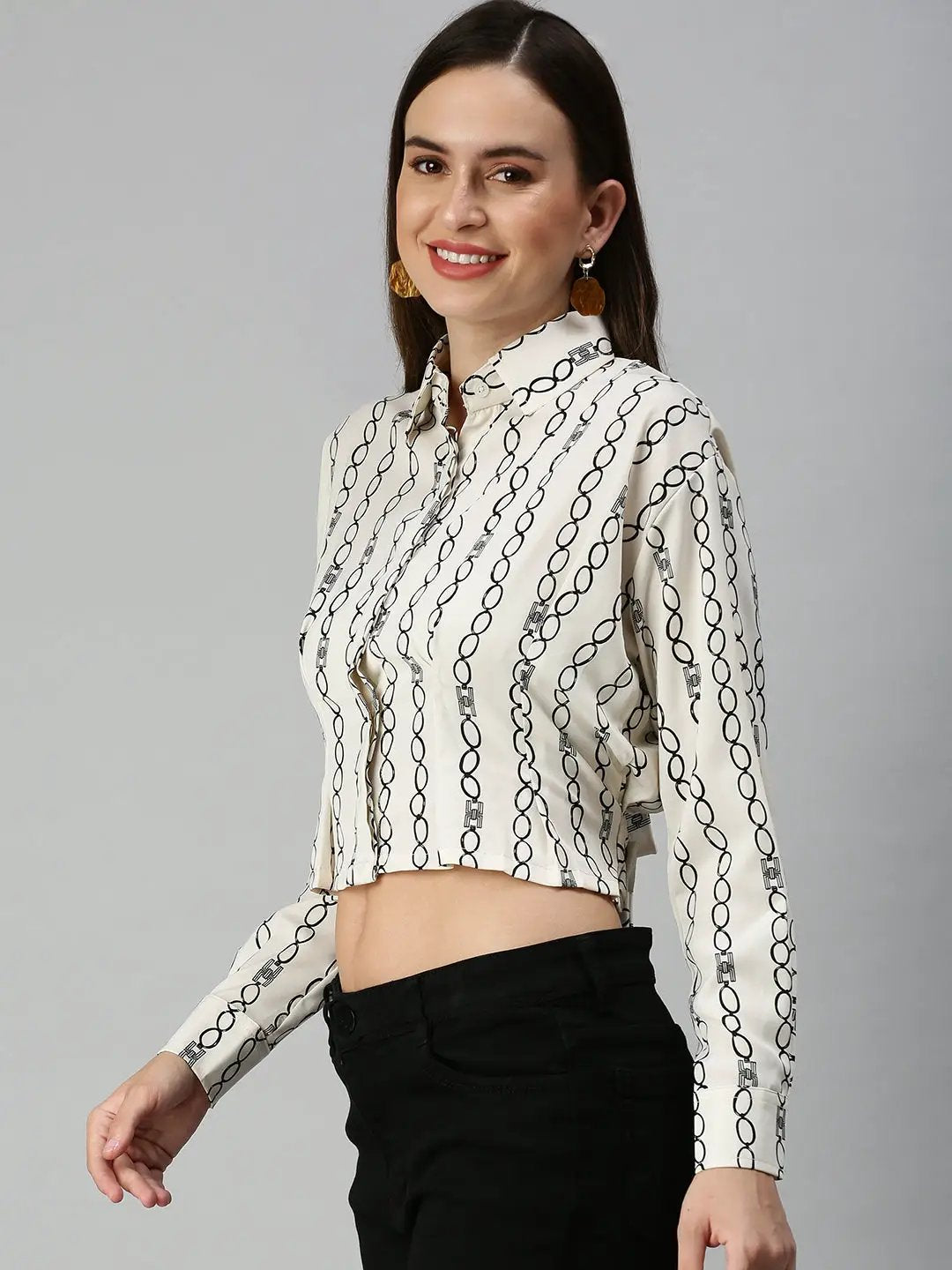 Women's White Print Crepe Styled Back Crop Top