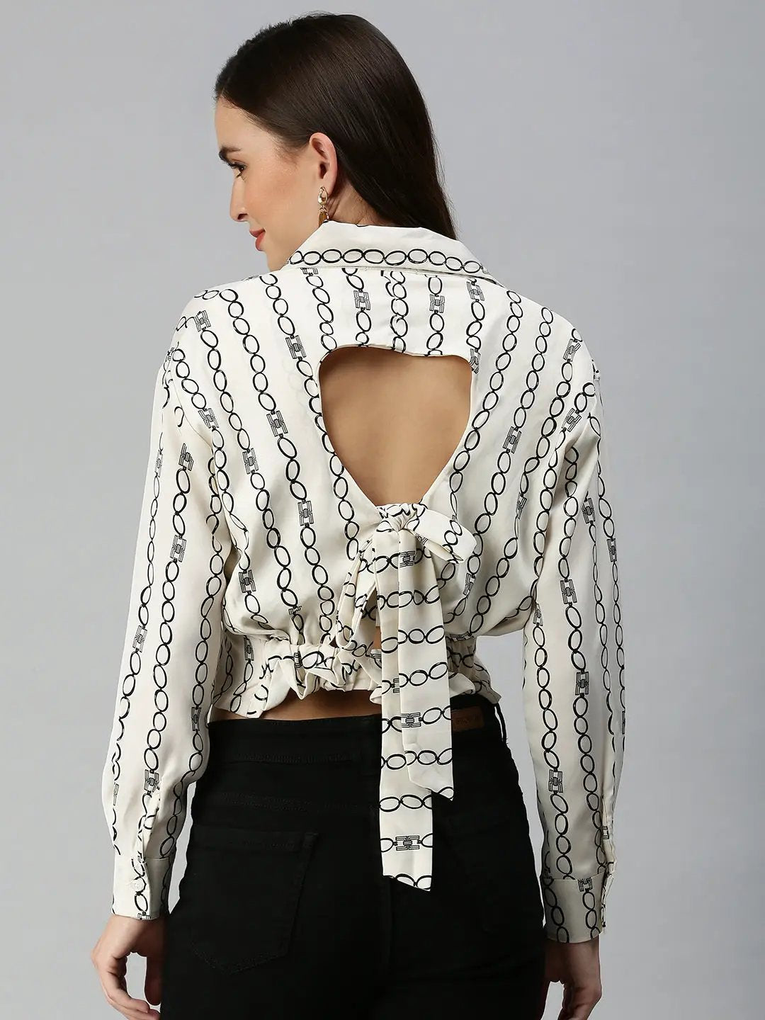 Women's White Print Crepe Styled Back Crop Top