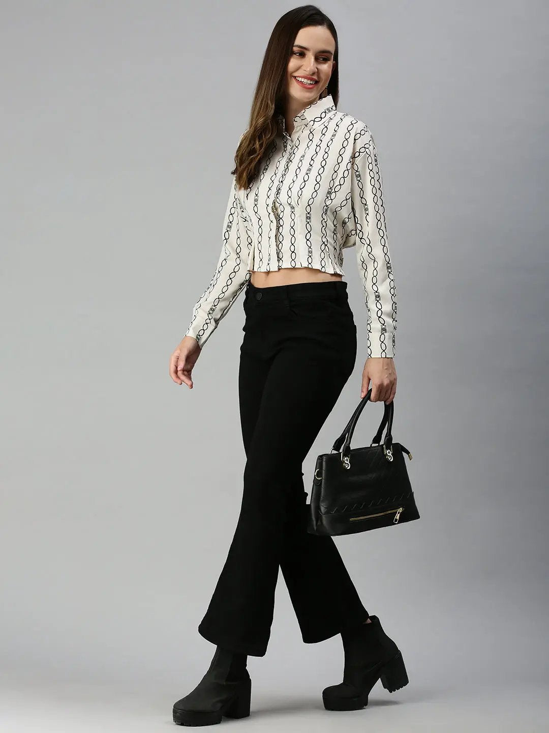 Women's White Print Crepe Styled Back Crop Top