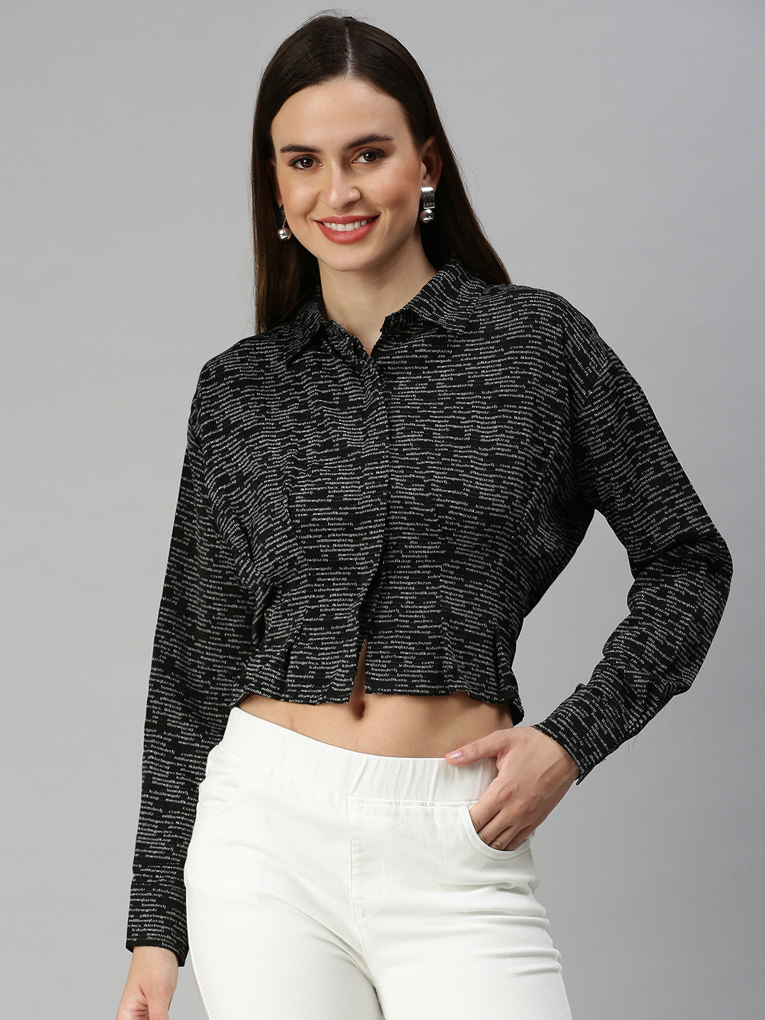 Women's Black Print Styled Back Crop Top
