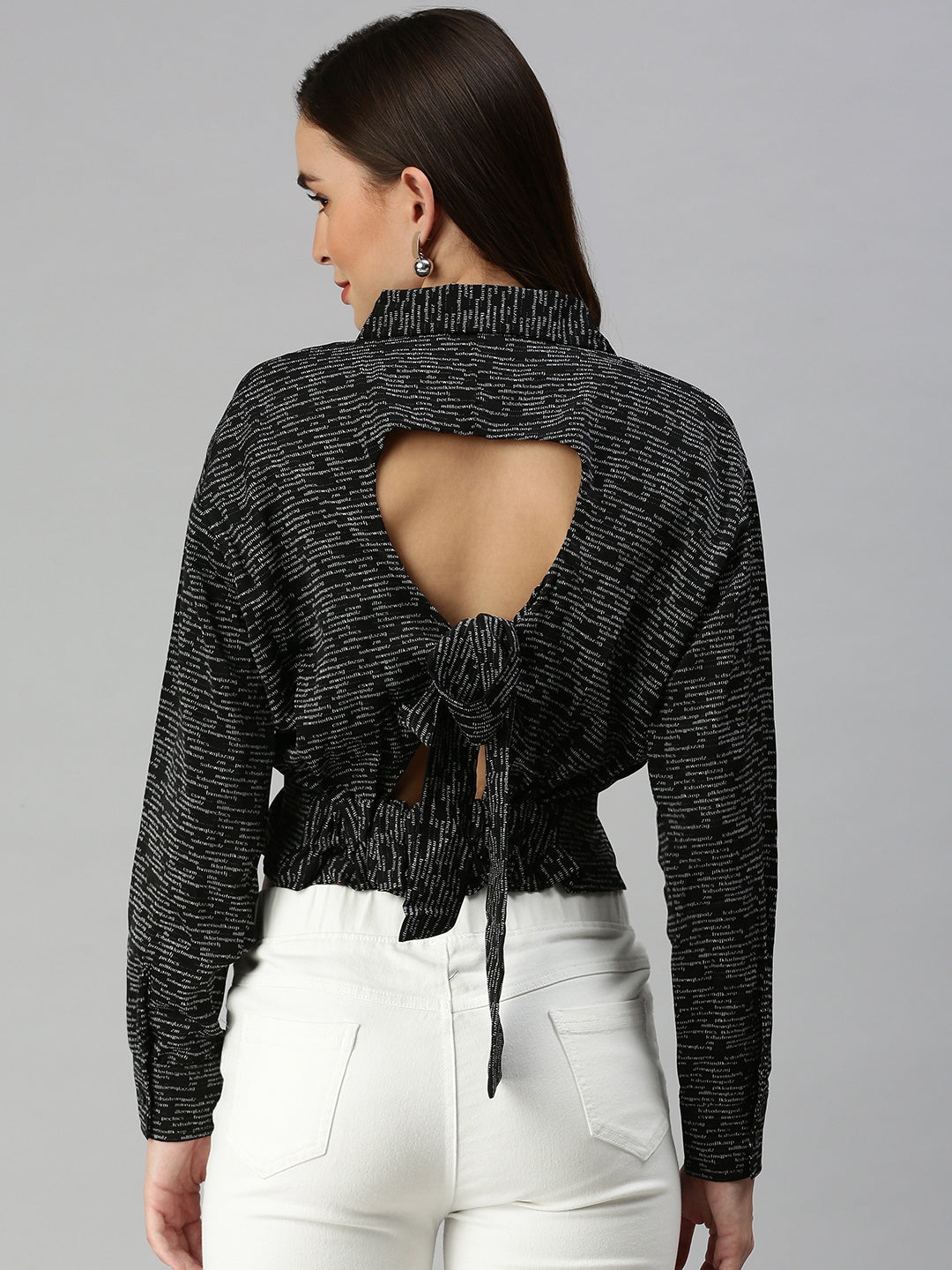 Women's Black Print Styled Back Crop Top