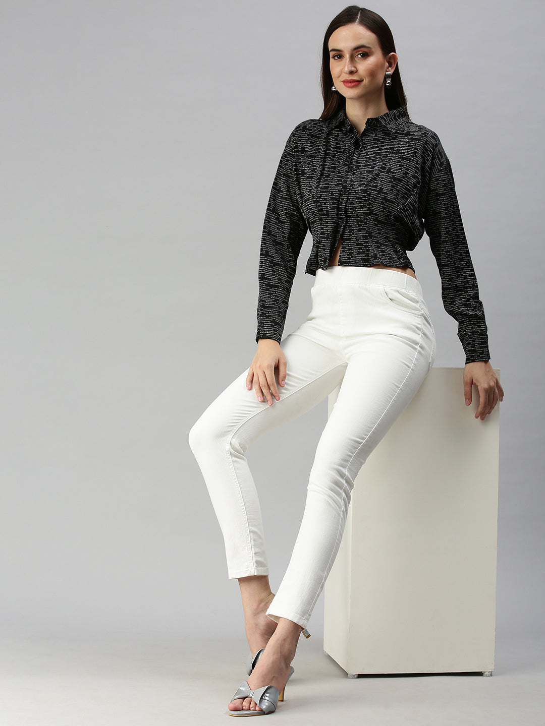 Women's Black Print Styled Back Crop Top