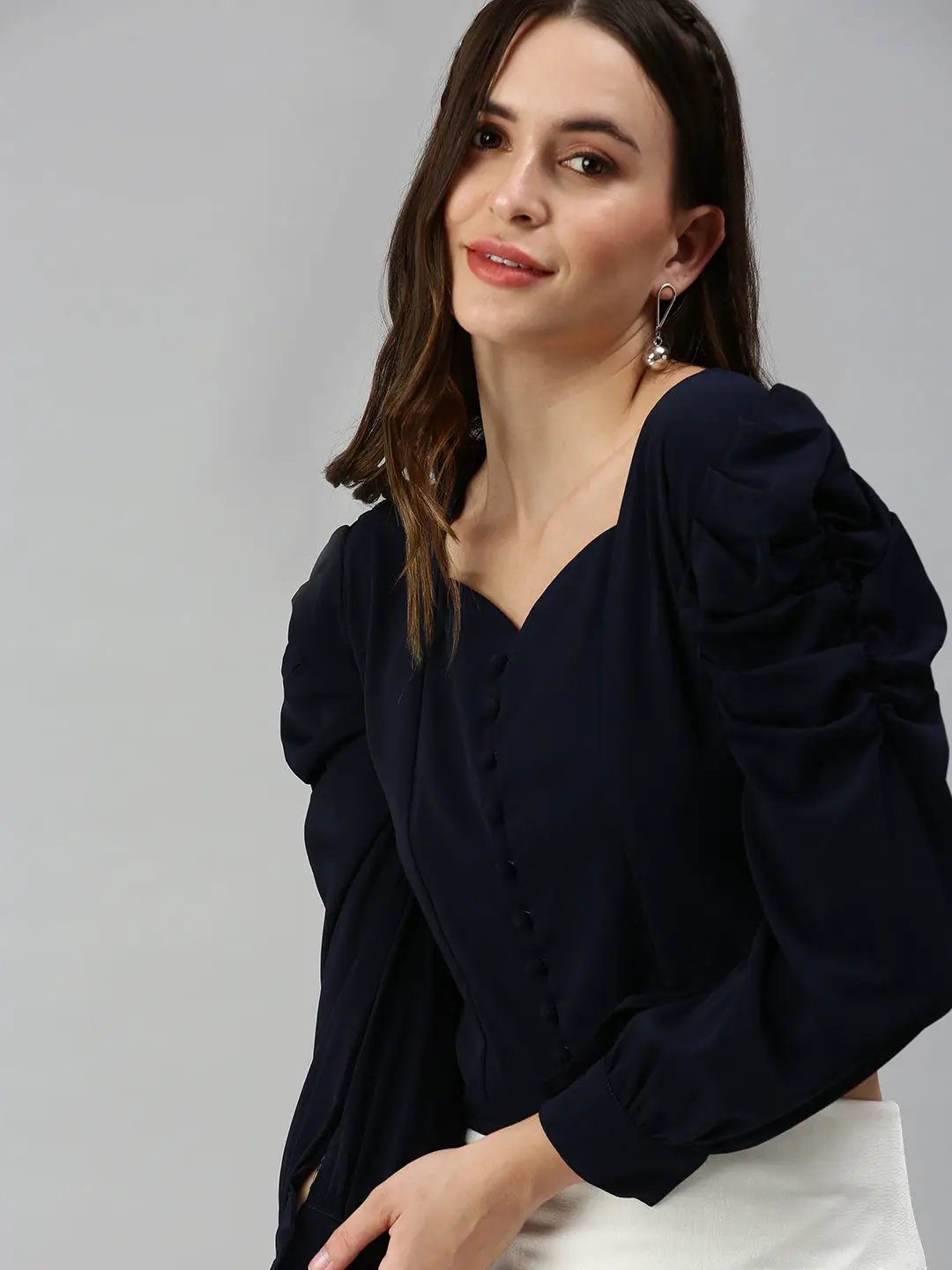 Women's Navy Blue Solid Crop Tops